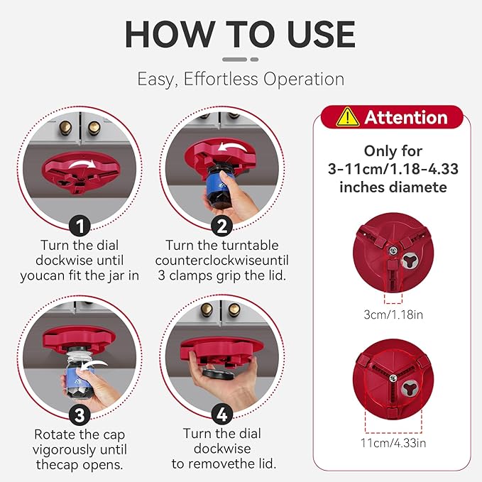 Jar Opener Bottle Opener for Seniors with Arthritis - Under Cabinet Jar Opener for Weak Hands, Rotary Lid Opener, Easy Twist-Off Lids for Jars & Bottles, Original Kitchen Gadgets (Red)