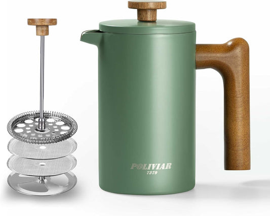 POLIVIAR French Press Coffee Maker, 21 oz Coffee Press with Real Wood Handle, Double Wall Insulation & Dual-Filter Screen, Food Grade Stainless Steel for Good Coffe and Tea, JX2024-SFPN