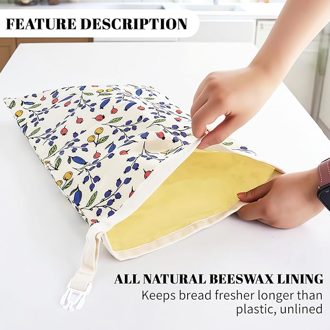 2 Packs Large Cotton Beeswax Bread Bags - 17x13 Inch Reusable Bread Storage Bags,for for Homemade Bread Home Cooks storage Easy Clean(Berry)