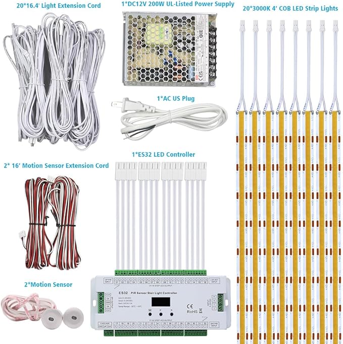 ES32 Motion Sensor Step Lights Indoor 3000K Warm White Linear COB LED Strip for 4ft Cuttable Stairs, 20 Stair Controllable Tread Light Strips (Complete Kit Items) (3000k)