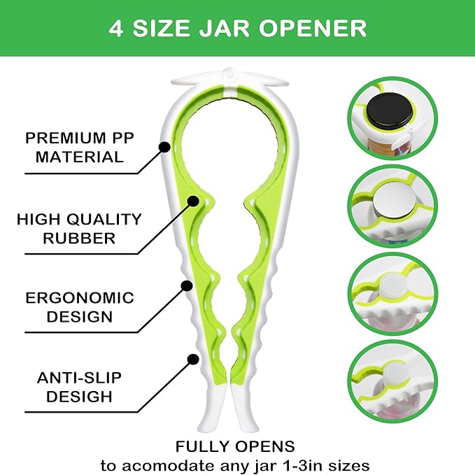 Jar Opener for Weak Hands, Seniors with Arthritis, 5 in 1 Multi Function Bottle Opener Lid Opener For Arthritic Hands with Corkscrew Wine Opener (green)