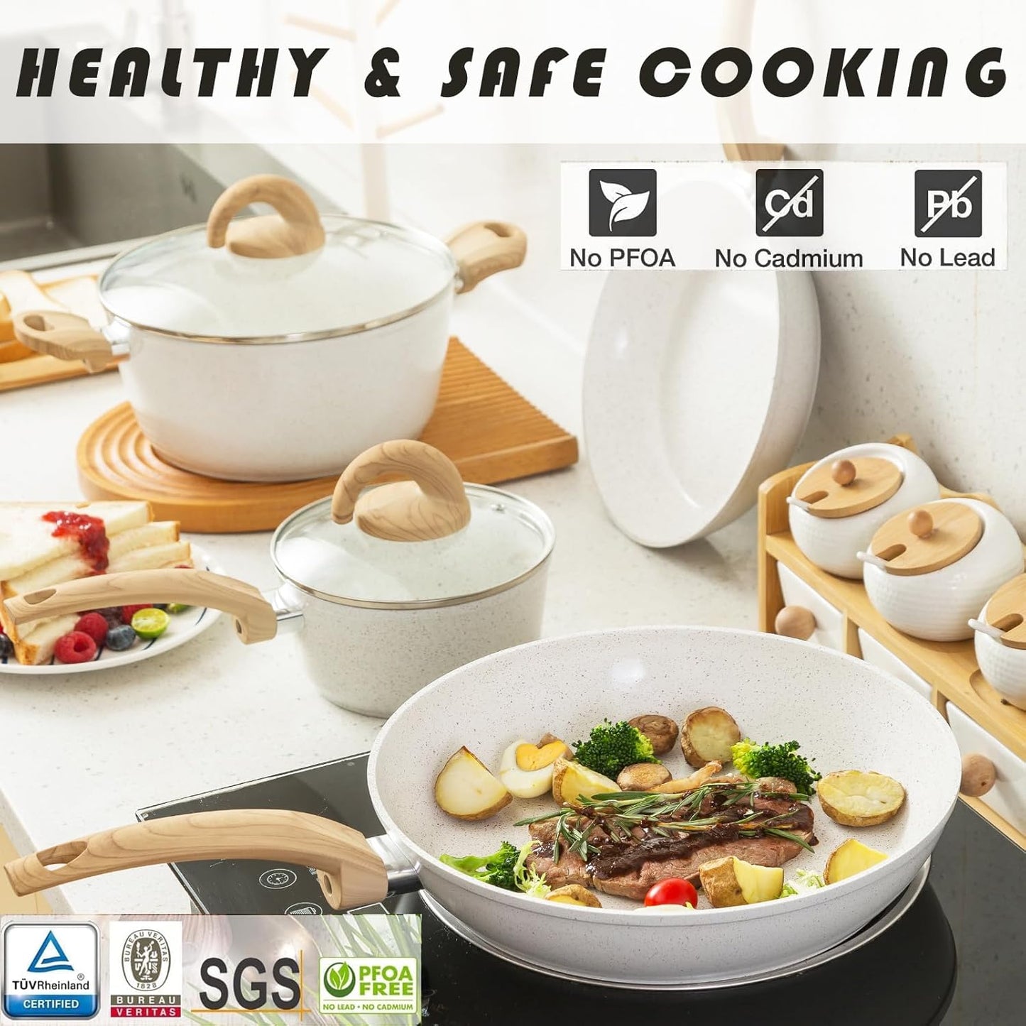 Green Non Stick Pots and Pans Set, Healthy Ceramic Cookware Set, 12pcs Kitchen Cooking Pots and Frying Sauce Saute Pans Set, PFAS-Free with Kitchen Utensils and Lid, Avocado
