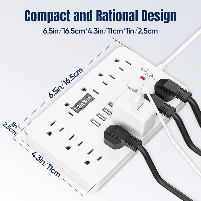 5 FT Flat Plug Surge Protector Power Strip,11 Multiple AC Outlets with 6 USB Ports (2 USB C), 5 Feet Extension Cord, 1250W/10A, One Touch Switch Button, 17 in 1 Compact powerstrip-White