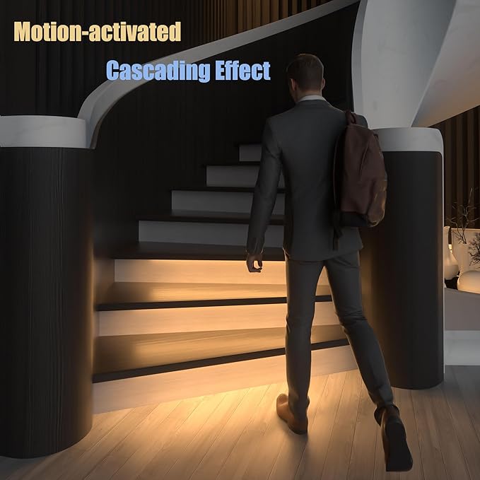 Motion-Activated Cascading Effect LED Stair Lighting Kit KMG-3233, 23.6" Aluminum Light Bar for Indoor Staircases (Warm White 3000K, 20 Stairs)