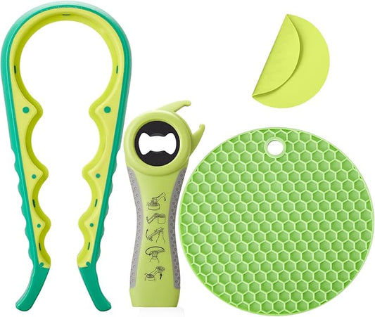 Jar Bottle Opener for Weak Hands,4 &5 in 1 Multi Function Non-Slip Can Lid Opener Tools with Silicone Jar Gripper Pad,Suitable for Seniors,Children and Arthritic Hands (Fruit Green)