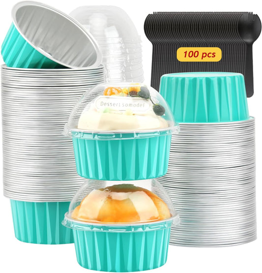 Cupcake Pans with Dome Lids 100 Pack,LNYZQUS 5oz Mini Aluminum Baking Pans Cupcake Cups Muffin Tin,Disposable Ramekins Mini Cake Pans Cupcake Containers Holders -Cyan Blue