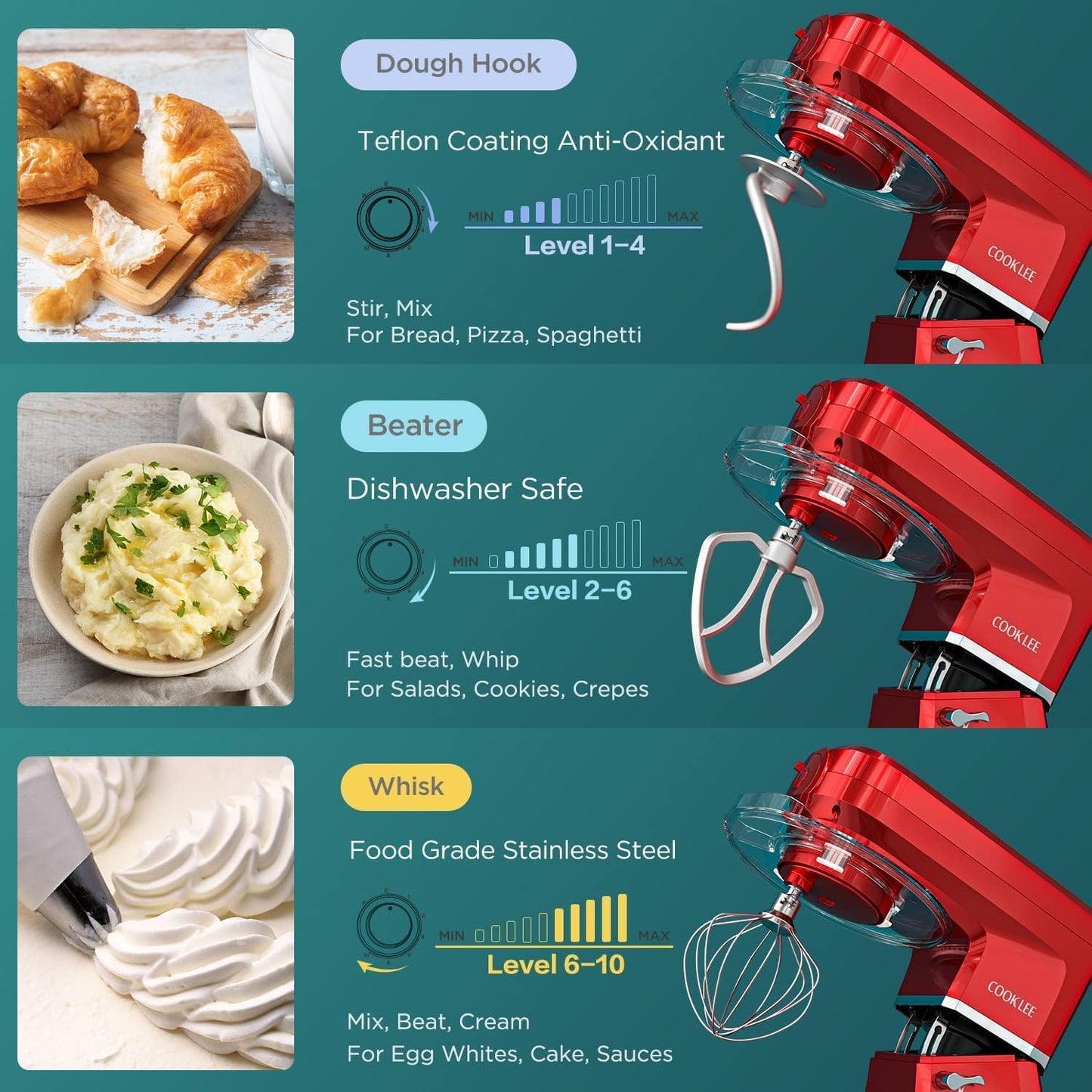 COOKLEE 6-IN-1 Stand Mixer, 8.5 Qt. Multifunctional Electric Kitchen Mixer with 9 Accessories for Most Home Cooks, SM-1507BM, Ruby Red