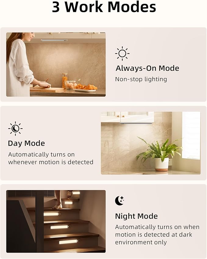 EZVALO 3 Pack Under Cabinet Lighting, Rechargeable Motion Sensor Light, LED Closet Lights Wireless, 3500K Dimmable, Timer, Magnetic, with Remote Control for Kitchen, Closet, Stair