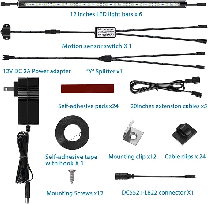Litever LED Safe Light Kit. Human Motion Sensor Activated. 6 Slim LED Light Bars. Linkable Extendable Plug-in for Gun Safe, Locker, Closet, Showcase, in-Cabinet Under Counter Pantry. Daylight 5000K