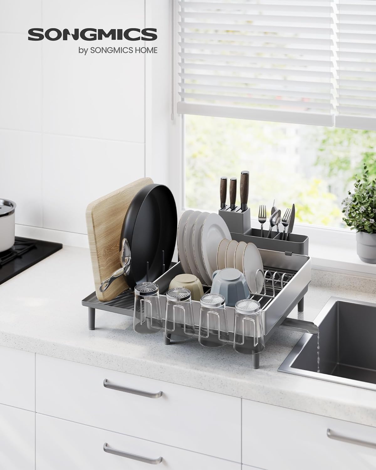SONGMICS Large Dish Drying Rack, Expandable Dish Dryer for Kitchen Counter, Stainless Steel Dish Rack with Rotatable Spout, Utensil, Cup, Glass, Cutting Board, Pan Holders, Silver and Gray UKCS037G01