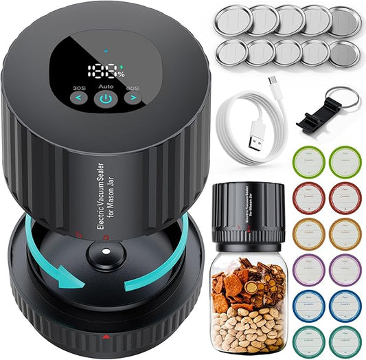 2025 Latest Electric Mason Jar Vacuum Sealer Kit, Firm Sealing & Anti-Slip, Bonus Lips*10 & Labels*10 & Bottle Opener*1, One Button Start Easy to Operate, for Wide Mouth or Regular Mouth of Mason Jars