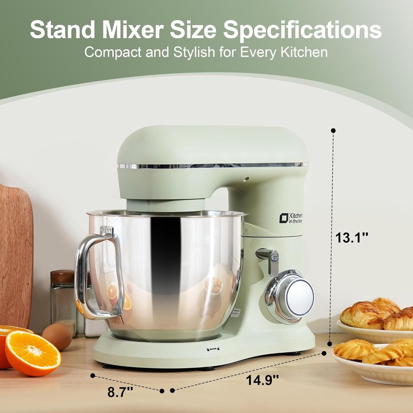 Kitchen in the box 7QT 900W 10-Speed Stand Mixer, Tilt-Head Kitchen Electric Mixer with Dough Hook, Whisk & Flat Beater(Pastel Green)