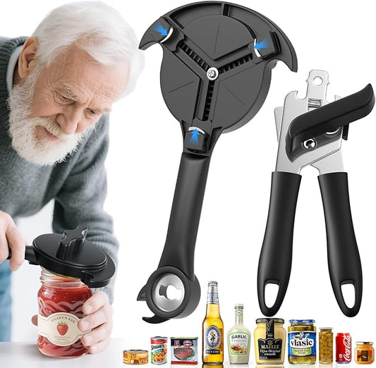 Heavy Duty 2pcs Jar Lid Opener & Can Opener 9 in 1, Non-Slip Grip for Seniors, Kitchen Tools Effortless Multi for Weak Hands & Metal Smooth Edge,Open Any Size Jar & Bottle