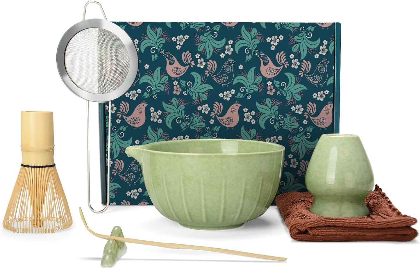 MONOJOY Matcha Whisk Set Ceramic Bowl Kit with Spout, Bamboo Chasen and Holder, Scoop Rest,Sifter Tea Towel Ceremonial Cute Matcha Tea Making Tool,Gift Perfect for Latte Lovers | Beginners,7pcs