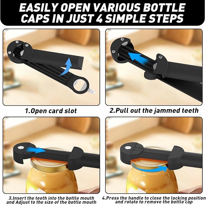 Jar and Opener for Seniors with Arthritis, Multifunctional Retractable Opener Magnetic Can Opener, Jar Grippers for Opening Jar Opener for Weak Hands (Black)