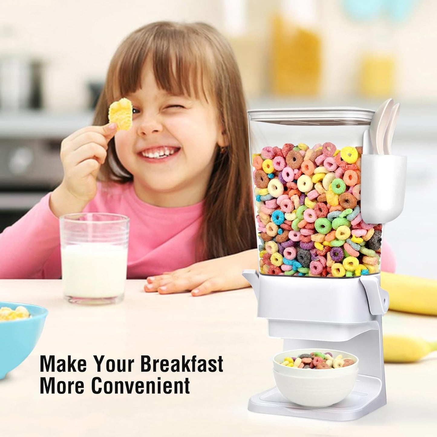 Cereal Dispenser Countertop with 2 Pack Bowls and Spoons 5.5 Qt Large Cereal Storage Container Holder for Pantry Dry Food Nut Dispenser Snack Candy Organizer Kitchen Organization for Oatmeal Granola