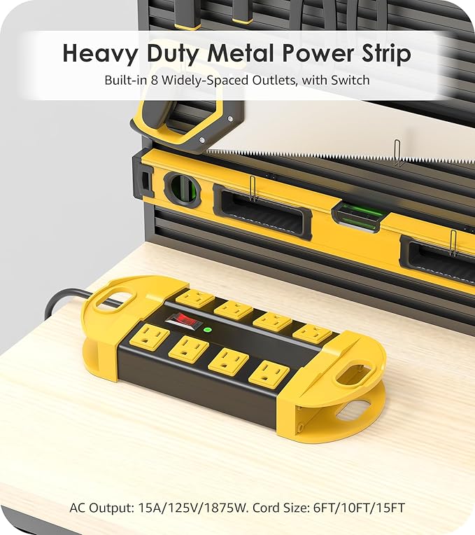 CCCEI Heavy Duty Power Strip Surge Protector, Metal 8 Outlets Power Strip for Appliance. Garage Shop Industrial Workbench 15 AMP Outlets Strip. 15FT Extension Cord. Set