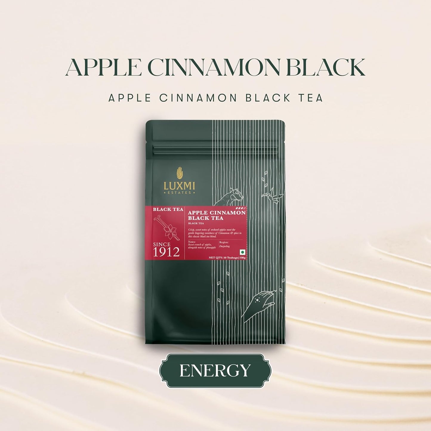 Luxmi estates Apple Cinnamon Black Tea 50 Tea Bags (100g) Pack | USDA Certified Premium Black Tea | Anti-Oxidants, Immunity Booster | 50 Cups Bulk Pack