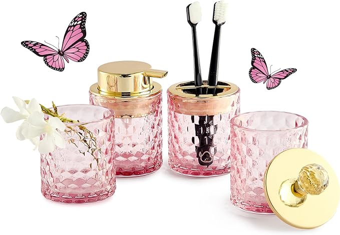 Pink Bathroom Accessories, 4Pcs Pink Bathroom Accessory Set Complete, Toothbrush Holder Set, Soap Dispenser, Qtip Holder, Tumbler, Perfect for Bathroom Decor and Vanit