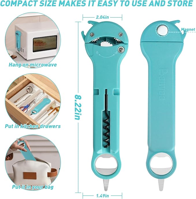 7 in 1 Jar Opener Bottle Opener and Wine Opener for Seniors with Arthritis, Weak Hands, Multi Retractable Magnetic Can Opener, Original Kitchen Lid Opener Tool (Cyan)