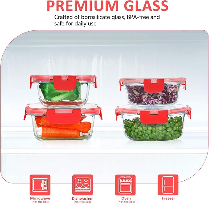 KOMUEE 24 Pieces Glass Food Storage Containers Set,Glass Meal Prep Containers-Stackable Airtight Glass Storage Containers with lids,Freezer, Microwave, Oven Safe,Red