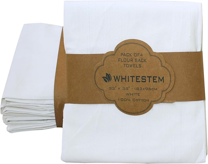 Flour Sack Tea Towel for Crafts| Kitchen Dish Cotton Blank Towel for Embroidery| Baking Bread Proofing Linen Cover| Thick Absorbent Quick Dry | 4 Pack 33"x38" White
