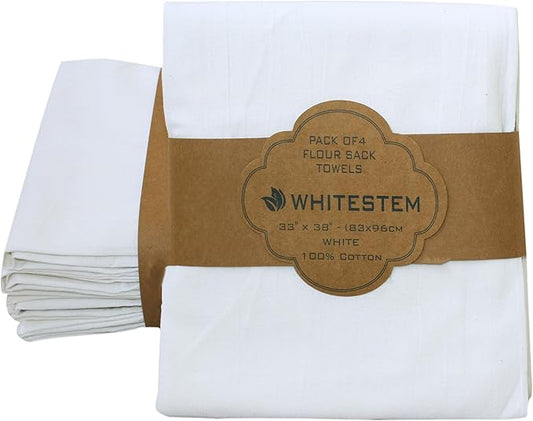 Flour Sack Tea Towel for Crafts| Kitchen Dish Cotton Blank Towel for Embroidery| Baking Bread Proofing Linen Cover| Thick Absorbent Quick Dry | 4 Pack 33"x38" White