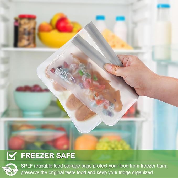 SPLF 10 Pack Reusable Sandwich Bags Dishwasher Safe, Reusable Quart Freezer Bags, Extra Thick Leakproof Food Storage Bags Silicone and Plastic Free for Marinate Meats, Cereal, Lunch, Travel Items Gray