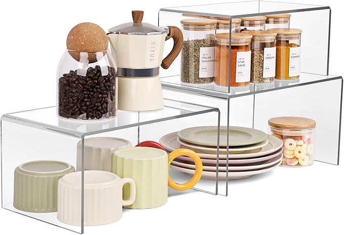 3 Pieces Clear Cabinet Organizer, 5mm Acrylic Kitchen Shelves Organizer Spice Rack Clear Display Shelves, Room Decor Pantry Countertop Desk Organizer Shelves