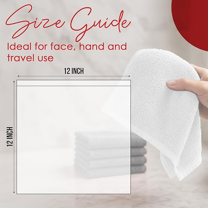 RIVERSIDE 24 Pack Washcloths Set - 100% Cotton [12x12 Inches] - Soft, Quick-Dry & Highly Absorbent Face Towels - Perfect for Bathroom, Gym, Hotel, Spa & Travel - White
