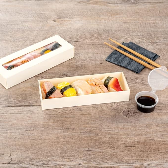 Restaurantware Taipei 9 Ounce Food Containers 100 Rectangle Wooden Bento Boxes - With Window Lids Grease Impermeable Poplar To Go Boxes Disposable Serve Sushi Dumplings And More