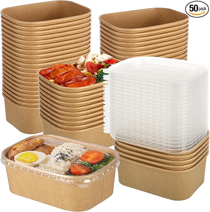 50 Pack 25oz Disposable Kraft Paper Bowls with Lids, Rectangle Meal Prep Containers Bulk, Large Paper Salad Bowl, Leakproof Food Containers Treat Soup Serving Bowls, Microwave Safe for Hot/Cold Food