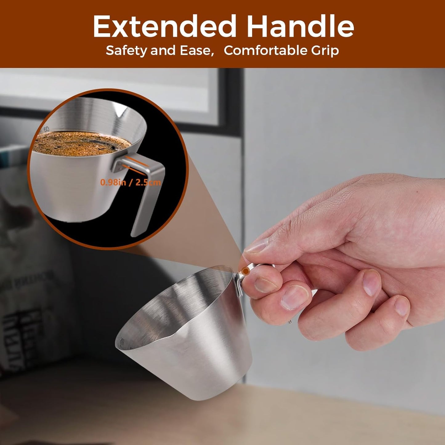 2Pcs Stainless Steel Espresso Cup, Double Spout Metal Espresso Measuring Cup with Handle, 3.4oz/100ml V-Shaped Mouth with Dual Scale (Silver+Black)