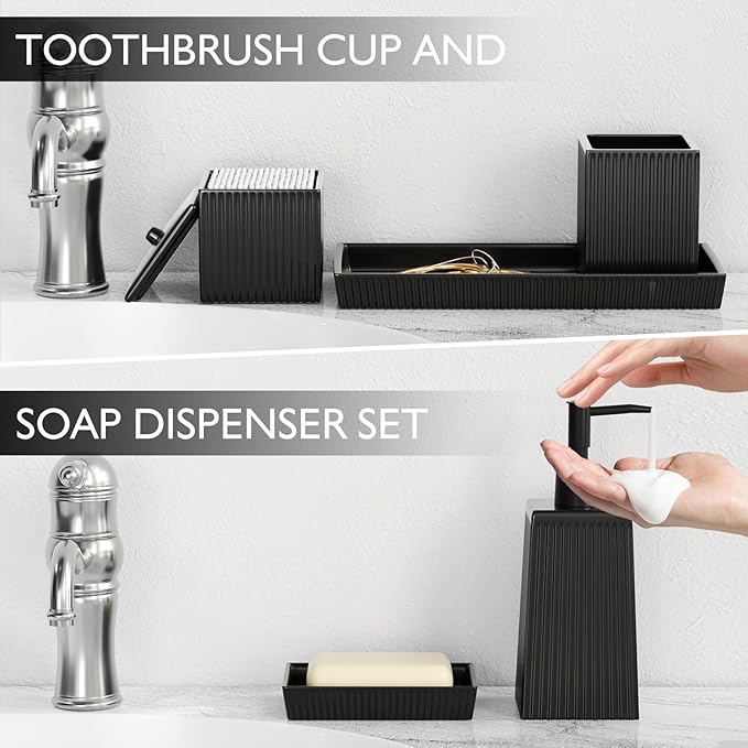 Bathroom Set - Black Bathroom Accessories Set, 5PCS Ceramic Bathroom Accessory Set, Bathroom Sets with Soap Dispenser, Toothbrush Tumbler, Soap Dish, Q-tip Holder & Vanity Tray