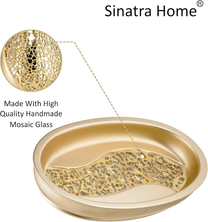 Zahari Home 4pc Sinatra Stylish Bathroom Accessories Set Champagne Gold Soap Dispenser Pump, Tumbler, Tooth Brush Holder and Soap Dish Modern Decor Bling Mosaic Glass Gold Bathroom Accessories