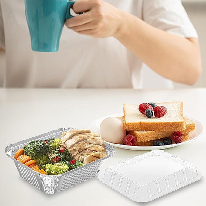 25 Pack 1 lb Rectangular Disposable Aluminum Foil Pan 16 oz Take Out Food Containers with Clear Plastic Dome Lids, for Catering, Baking, Roasting Food