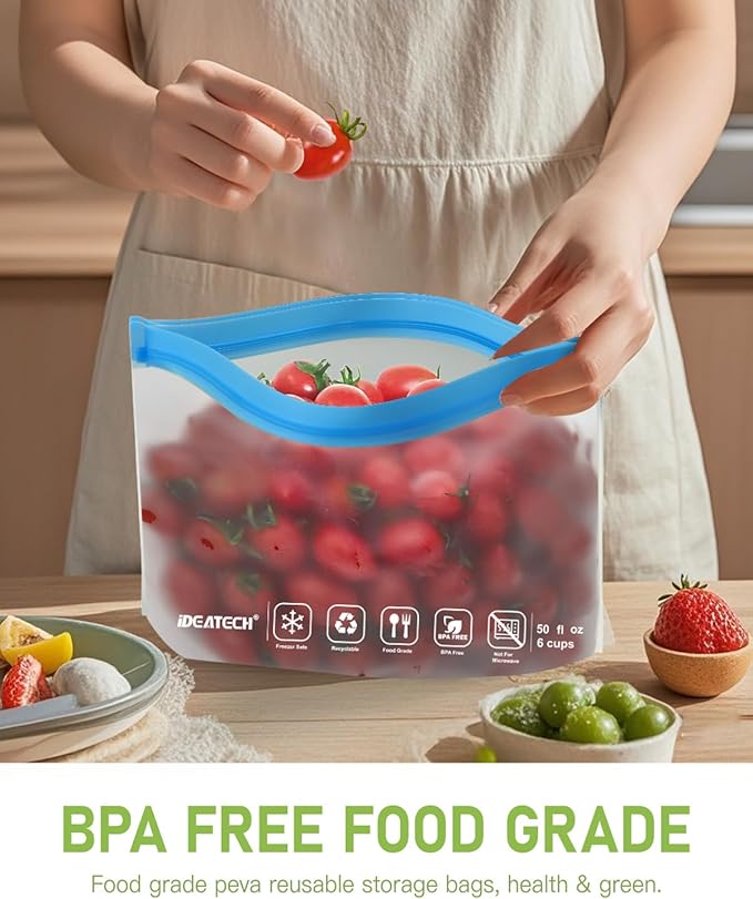 IDEATECH Food Storage Bags, BPA Free PEVA Reusable Gallon Freezer Bags, Reusable Sandwich Containers, Heallthy Food Bags Containers for Travel, Lunch(Grey, 24Pack-8Gallon+8Quart+8Snack)
