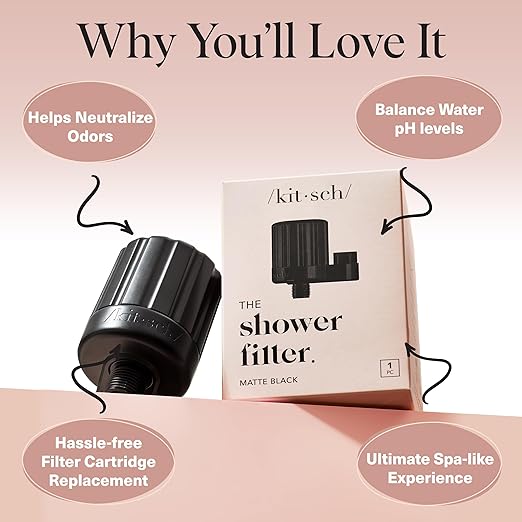 Kitsch Shower Head Filter for Hard Water – Shower Filter with KDF-55 & Calcium Sulfite, Helps Reduce Chlorine & Impurities, Water Softener - Bathroom Accessories for Healthier Hair & Skin - Black