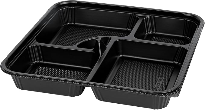 Restaurantware-Bento Tek 39.6 Ounce Meal Prep Containers, 50 Disposable To Go Food Boxes - Lids Sold Separately, 5 Compartments, Black Plastic Bento Lunch Boxes, Microwavable, Freezable