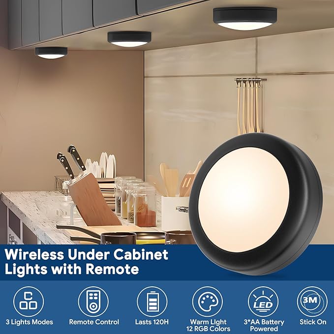 Yiliaw LED Puck Lights with Remote Control, AA Battery Operated Lights, 12 Color Closet Under Cabinet Lighting, Push Tap Light, Under Counter Light for Kitchen, 12 Pack, Black
