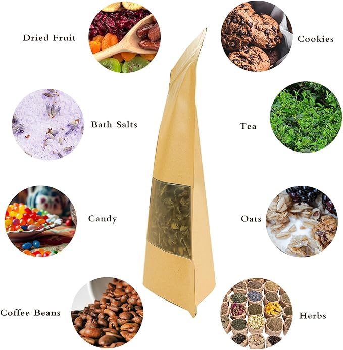 100 PCS Resealable Bags, Stand Up Kraft Paper Bags with Matte Window, Zipper Lock Food Storage Bags for Small Business and Home, 7.87 * 11.81 Inches Reusable Sealable Bags for Packaging
