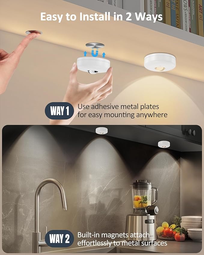 Yiliaw LED Puck Lights with Remote, Magnetic AAA Battery Operated Light, Under Cabinet Lighting, Tap Lights with Dimmer & Timmer for Kitchen, Closet, Shelf - 9 Pack, White