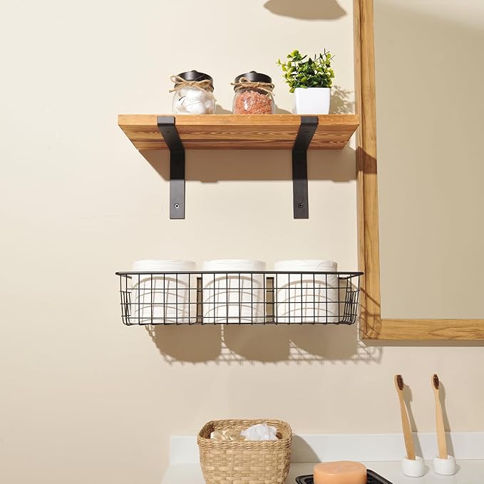 SheeChung Mason Jars Floating Shelves Set for Bathroom - 16oz Soap Dispenser, Toothbrush Holder, 2Pcs Qtip Holders, Paper Storage, Wall Mounted Farmhouse Decor, Artificial Plant, Decor Sign-Brown