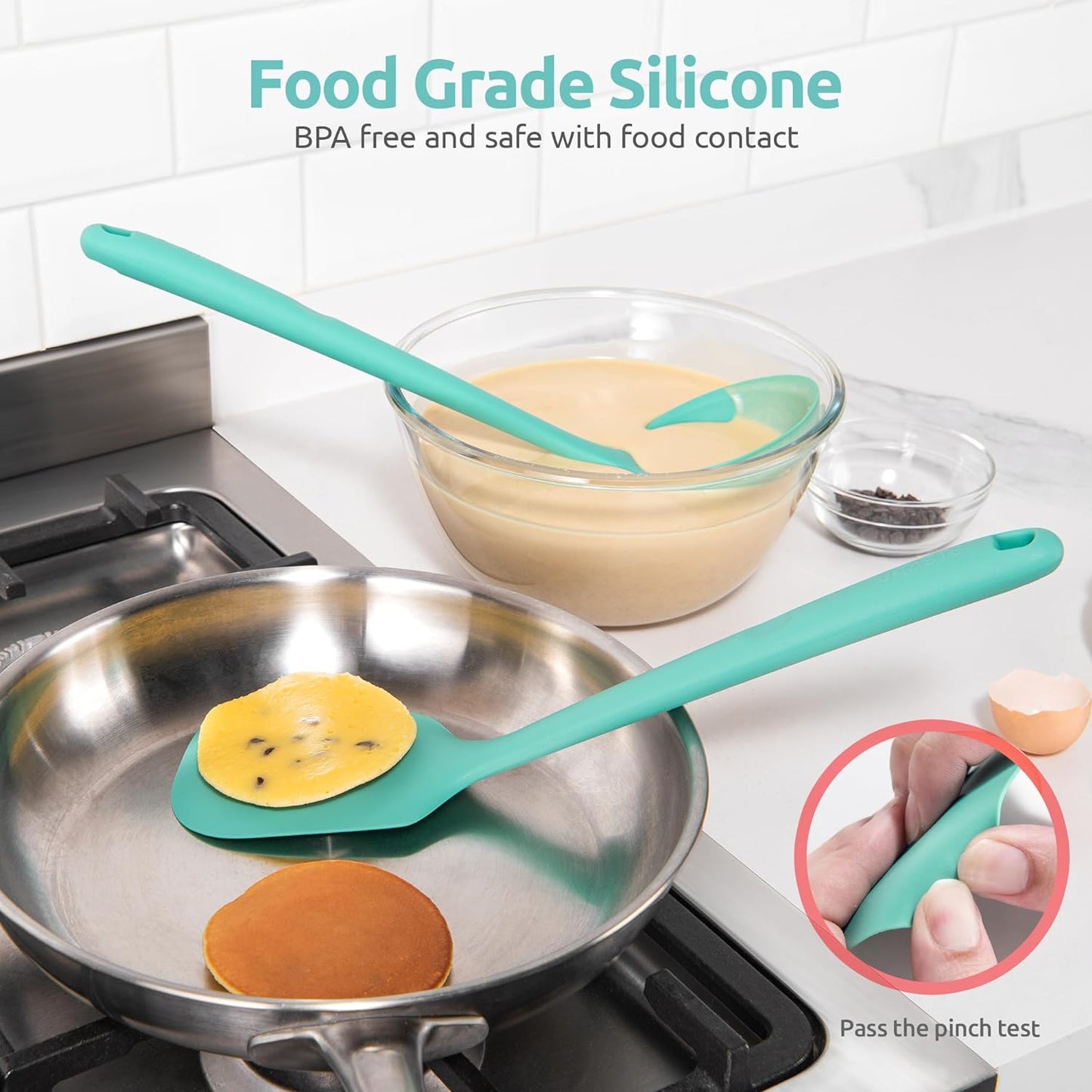 600ºF Heat Resistant Kitchen Utensil: U-Taste 13.6" Extra Long Silicone Cooking Tools Set, Food-Grade Non-Stick Solid and Slotted Turner Spatula, Mixing Spoon, and Soup Ladle (5 Pieces, Aqua Sky)