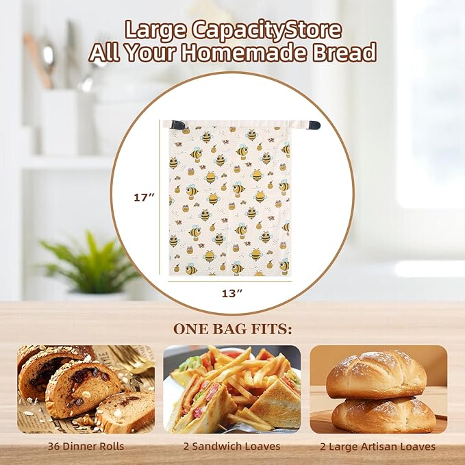 Reusable Beeswax Bread Bags for Homemade Bread, 17"×13" Natural Beeswax Cotton Sourdough Breads Bags, Easy to Clean Food Storage Bag, Bakery Essentials (2 Pack)
