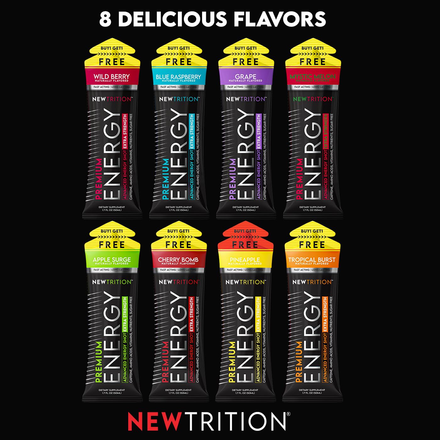 NewTrition® Extra Strength Energy Shots, 250mg Caffeine Energy Shots with Vitamin B & Amino Acids, Sugar-Free Vitamin Energy Shot, 1.7 fl oz (Pack of 24, Tropical Burst)