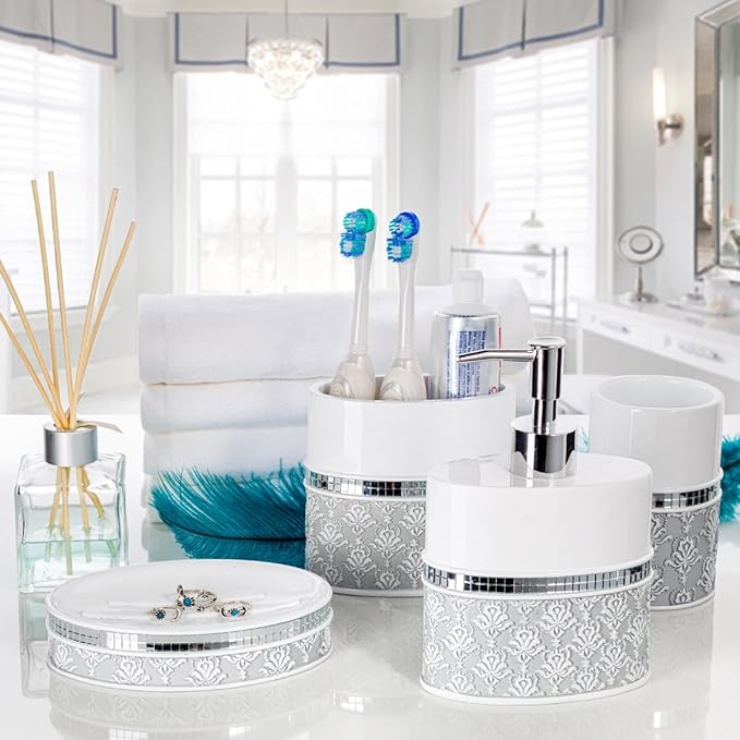 Creative Scents Mirror Damask White and Gray Bathroom Accessories Set - 6 Piece Bathroom Accessory Set Includes: Trash Can, Tissue Box Cover, Soap Dispenser, Soap Dish, Toothbrush Holder & Tumbler