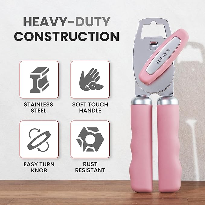 Zulay Kitchen Heavy Duty Stainless Steel Can Opener Manual with Bottle Opener - Rust Proof Manual Can Opener With Turn Knob & Soft Grip Handles