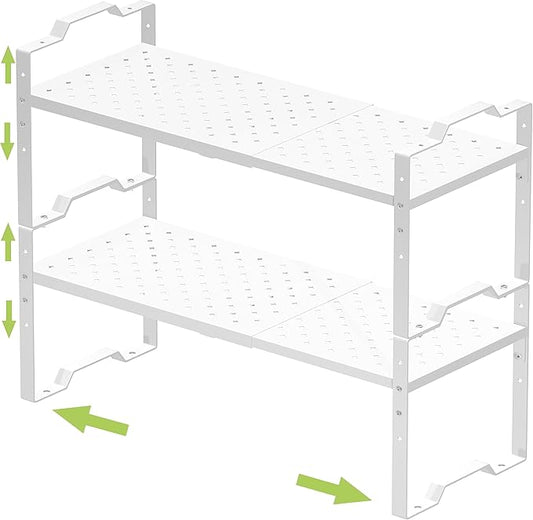 Expandable Shelf for Cabinet Organizer Adjustable Stackable Spice Rack at Kitchen and Bathroom More, Counter Countertop Cupboard Organization Pantry Storage, (2 Packs/White, Large)