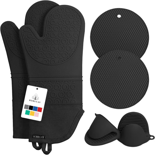 Rorecay 6pcs Oven Mitts and Pot Holders Sets Heat Resistant 500 Degrees, Extra Long and Non-Slip Silicone Oven Gloves Potholders Hot Pads for Kitchen Baking Cooking, Quilted Liner, Black